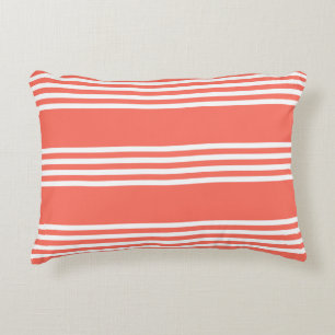 Living coral and white four stripes pattern decorative cushion