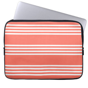 Living coral and white four stripes pattern laptop sleeve
