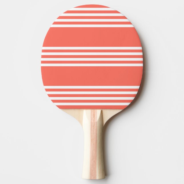 Living coral and white four stripes pattern ping pong paddle (Front)