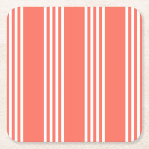 Living coral and white four stripes pattern square paper coaster