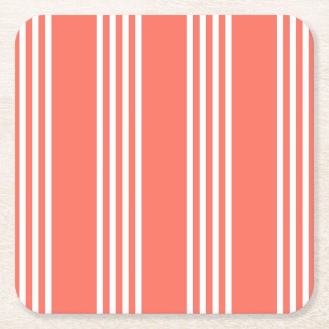 Living coral and white four stripes pattern square paper coaster (Front)