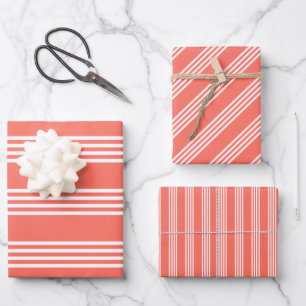 Living coral and white four stripes pattern wrapping paper sheet