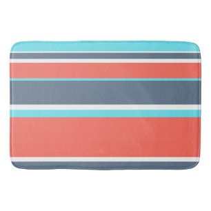 Living coral, blue and grey stripes bath mat