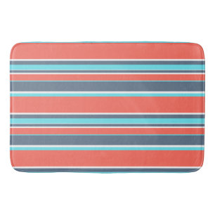 Living coral, blue and grey stripes bath mat