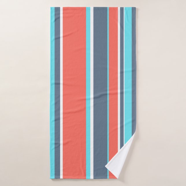 Living coral, blue and grey stripes bath towel (Bath Towel)