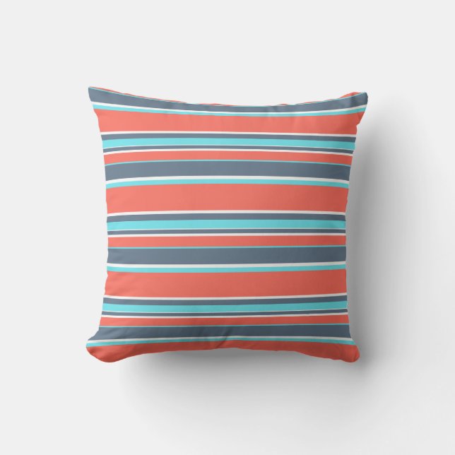 Living coral, blue and grey stripes cushion (Front)