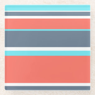 Living coral, blue and grey stripes glass coaster