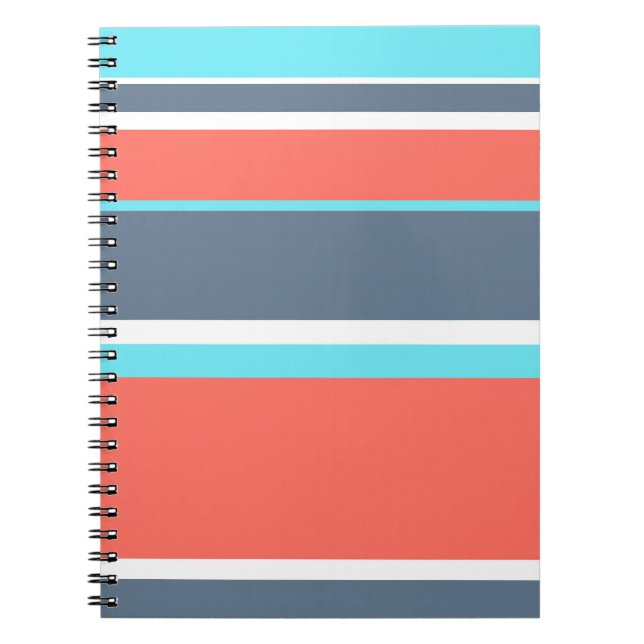 Living coral, blue and grey stripes notebook (Front)