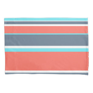 Living coral, blue and grey stripes pillowcase