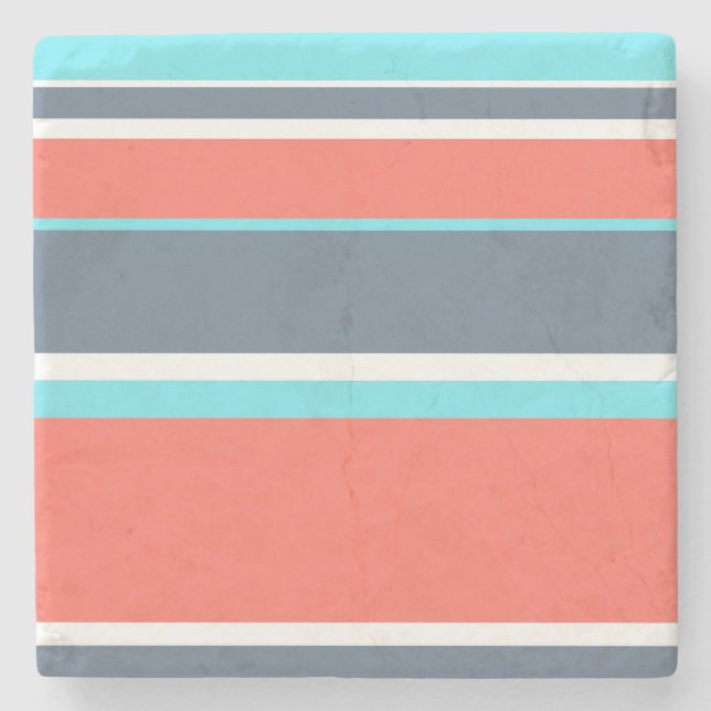 Living coral, blue and grey stripes stone coaster (Front)