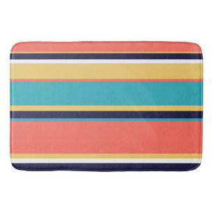 Living coral, blue and yellow stripes bath mat