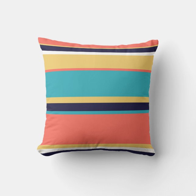 Living coral, blue and yellow stripes cushion (Front)