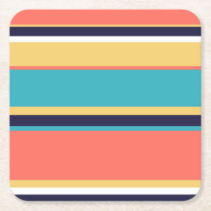 Living coral, blue and yellow stripes square paper coaster