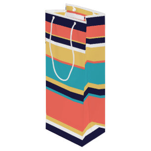 Living coral, blue and yellow stripes wine gift bag