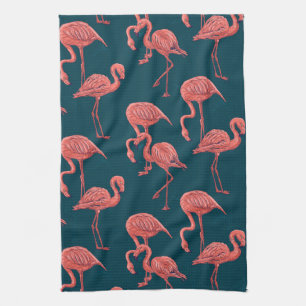 Living coral flamingo pattern tea towel