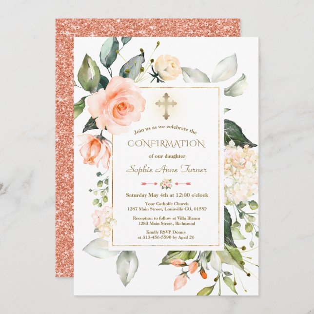 Living Coral Floral Frame Glitter Baptism Invitation (Front/Back)