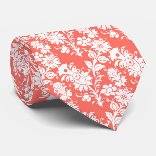 Living Coral Floral Pattern Groomsmen Wedding Tie