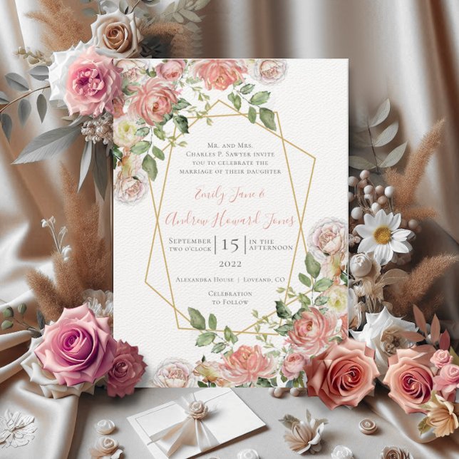Living Coral Floral Rose Gold Geometric Frame Invitation (Creator Uploaded)
