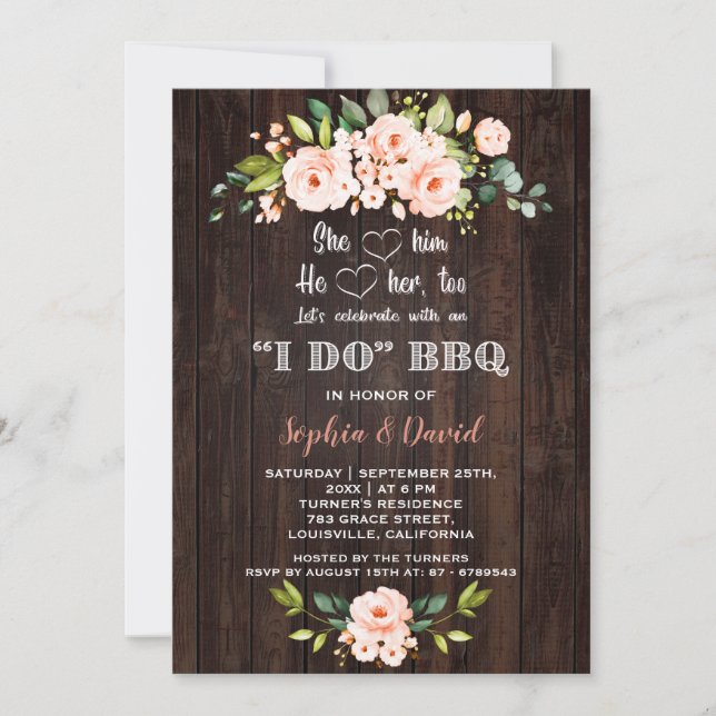 Living Coral Floral Wood I DO BBQ Engagement Invitation (Front)