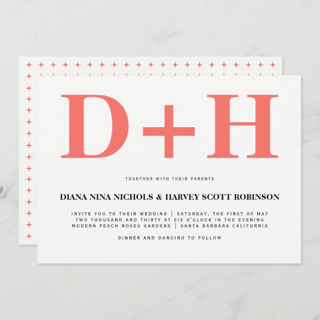 Living coral initials bold typography wedding invitation (Front/Back)