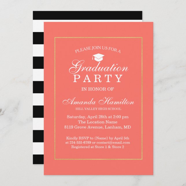 Living Coral Modern Classic gold Frame Graduation Invitation (Front/Back)