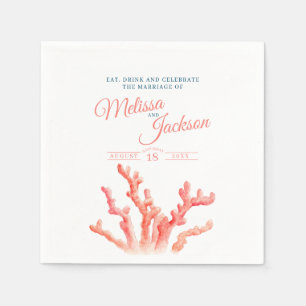 Living coral orange blue watercolor wedding custom napkin