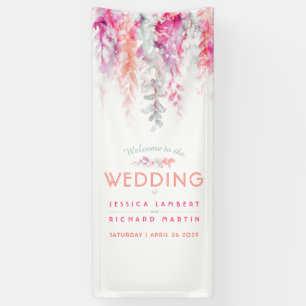 Living coral, pink, green wedding art welcome banner