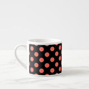 Living coral polka dots on black espresso cup