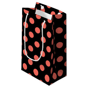Living coral polka dots on black small gift bag