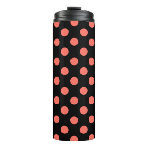 Living coral polka dots on black thermal tumbler