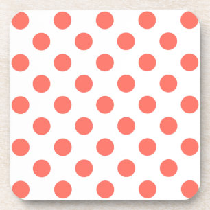 Living coral polka dots on white coaster