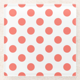 Living coral polka dots on white glass coaster