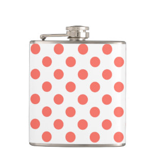 Living coral polka dots on white hip flask