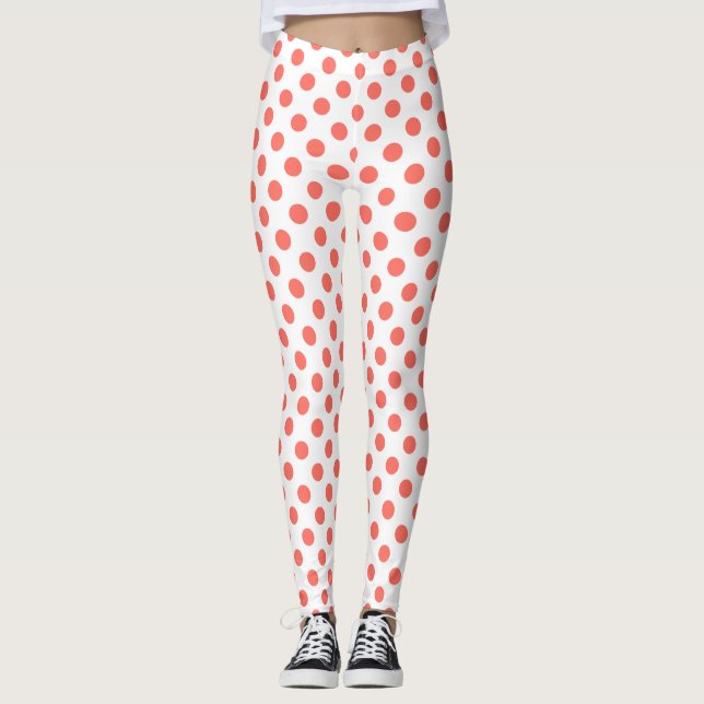 Living coral polka dots on white leggings (Front)