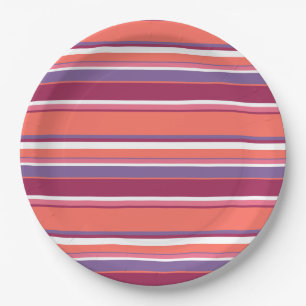 Living coral, red and violet stripes paper plate