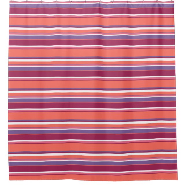 Living coral, red and violet stripes shower curtain (Front)