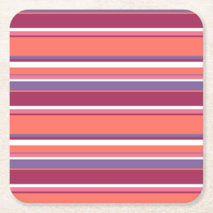 Living coral, red and violet stripes square paper coaster