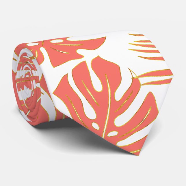 Living coral tropical monstera and palm leaves tie (Rolled)