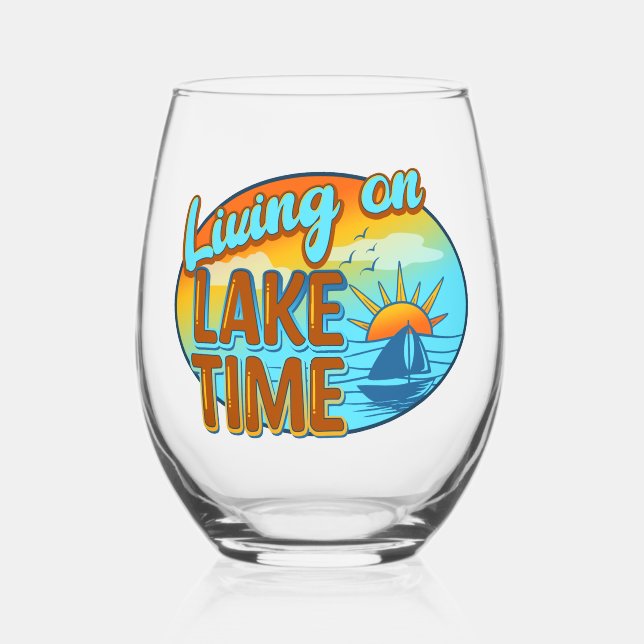 Living on Lake Time stemless wine glass (Front)