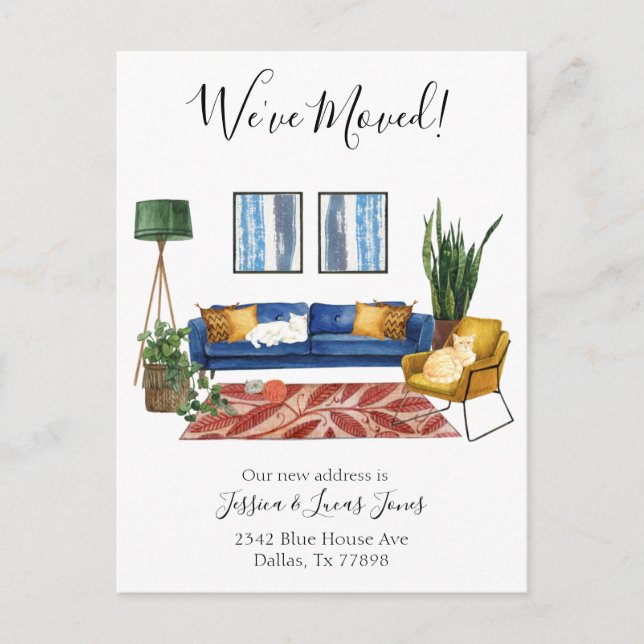 Living Room Moving Announcement We've Moved Cats Postcard (Front)