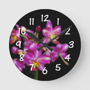 Living Room - Purple orchids on Black background Round Clock