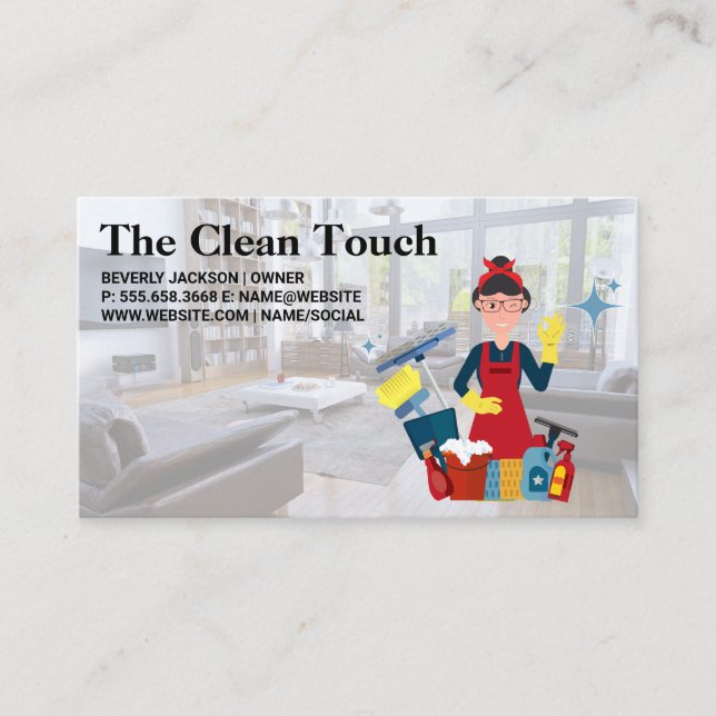 Living Room | Woman Cleaner Maid Business Card (Front)