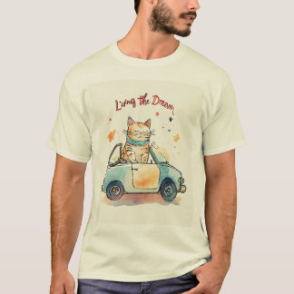 Living the Dream: Chubby Cat in Tiny Car Watercolo T-Shirt