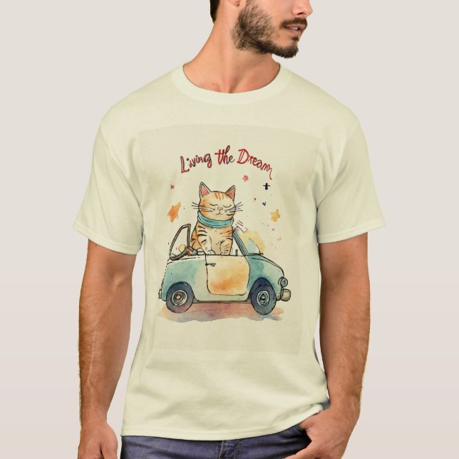 Living the Dream: Chubby Cat in Tiny Car Watercolo T-Shirt (Front)