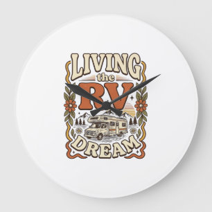 Living the RV Dream Vintage Camping Shirt Design_1 Large Clock