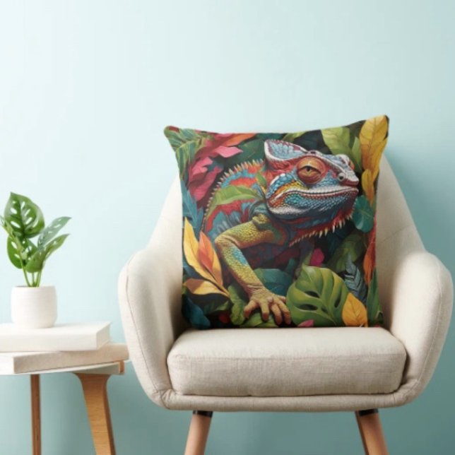 Lizard Leaves & Colour Cushion (Colourful Lizard Tropical Jungle Art pillow high quality 100% polyester hidden zipper enclosure. )