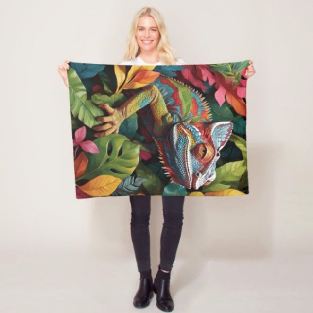 Lizard Leaves & Colour Fleece Blanket (Colourful Lizard Tropical Jungle Art blanket - soft and colourful available  in 3 different sizes.)