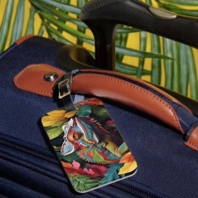 Lizard Leaves & Colour Luggage Tag (Colourful Lizard Tropical Jungle Art  single-sided w Card Slot, weatherproof, leather strap included)