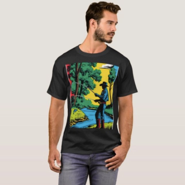 Lizard Leaves & Colour T-Shirt ( Retro Cowboy Fishing Riverside Scene T-Shirt for Men Aesthetic Custom Black Tee
)