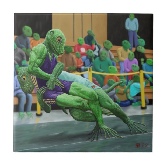 Lizard Warrior Wrestling Fantasy Art Ceramic Tile (Front)